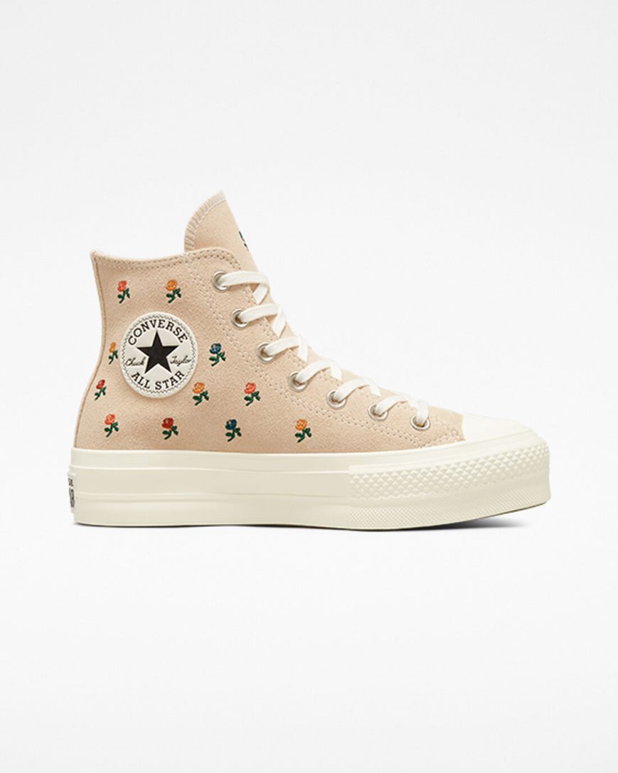 Sapatos Plataforma Converse Chuck Taylor All Star Lift Embroidered Roses Cano Alto Feminino Bege | PT T098P01